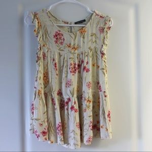 American Eagle Medium Floral Cream Tank Top With Ruffles (M)